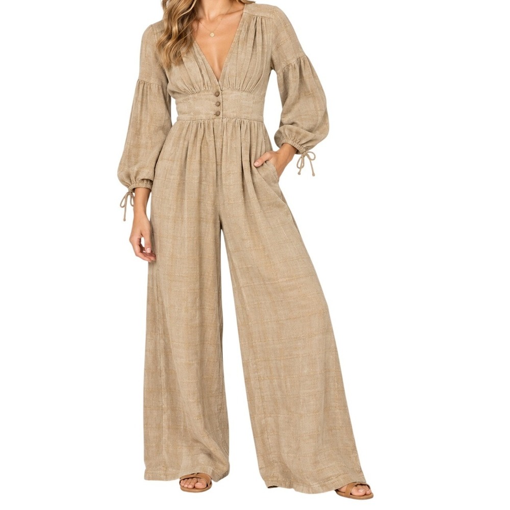 Free People Beige Linen Blend Wide Leg Balloon Sleeve Jumpsuit Women's Small